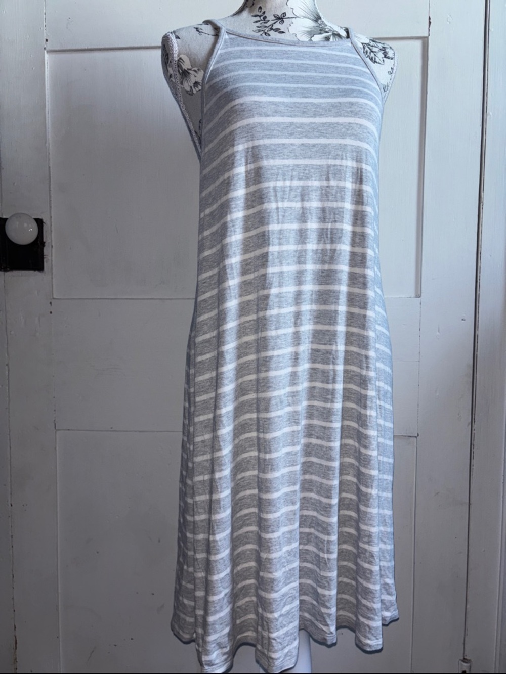 aerie Light Gray & White Striped Halter Midi Dress